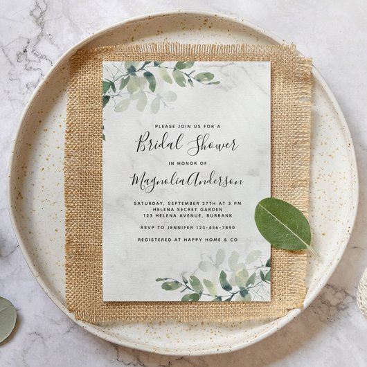 Marble Eucalyptus Bridal Shower Invitation Kaart
