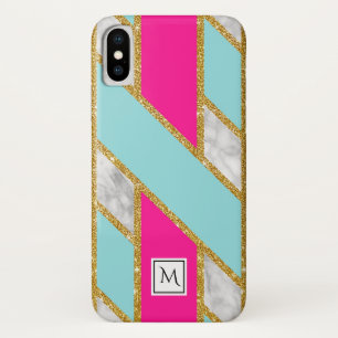 Marble FAUX Gold Gliz Pink Blue Lattice Monogram iPhone X Hoesje