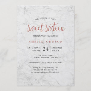Marble Faux Roos Gold Sweet Sixteen Invitation Kaart