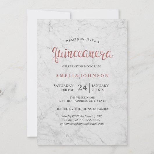Marble Faux Rose Gold Quinceanera Invitation (Devant)
