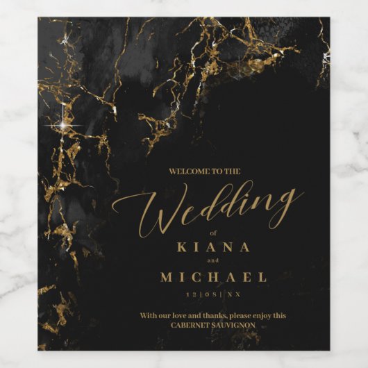 Marble Glitter Wedding Black Gold ID644 Wijn Etiket (Enkel label)