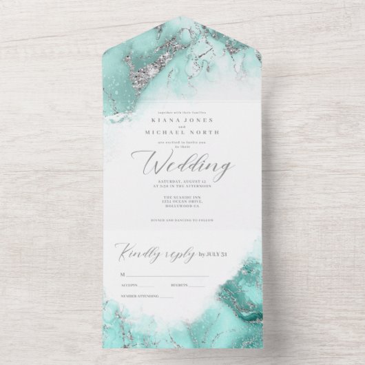Marble Glitter Wedding Blauwgroen/Silver ID644 All In One Uitnodiging (Binnen)