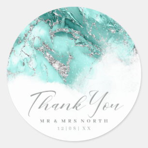 Marble Glitter Wedding Blauwgroen Silver ID644 Ronde Sticker