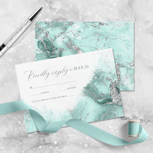 Marble Glitter Wedding Blauwgroen Silver ID644 RSVP Kaartje