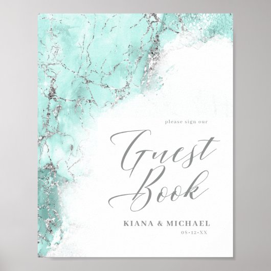 Marble Glitter Wedding Guests Blauwgroen Silver ID Poster (Voorkant)