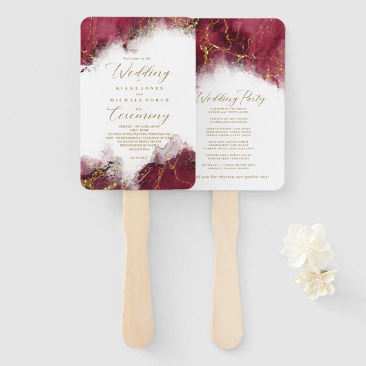 Marble Glitter Wedding Program Burgundy Gold ID644 Handwaaier (Voorkant en achterkant)