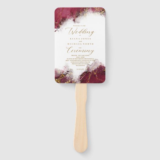 Marble Glitter Wedding Program Burgundy Gold ID644 Handwaaier (Voorkant)