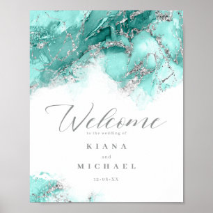 Marble Glitter Wedding Welcome Blauwgroen Silver I Poster