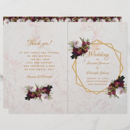 Marble Gold Burgundy White Peonies Wedding Program (Voorkant / Achterkant)