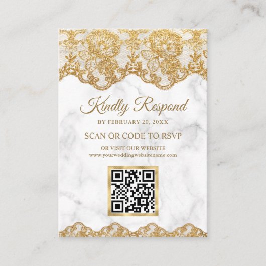 Marble Gold Foil Lace QR Code RSVP Weduwwebsite Informatiekaartje (Voorkant)