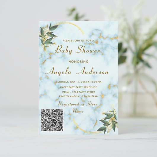 Marble Gold QR Code bébé fille douche Invitation (Debout devant)