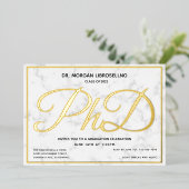 Marble Gold White PhD Afstuderen Folie Uitnodiging (Staand Voorkant)