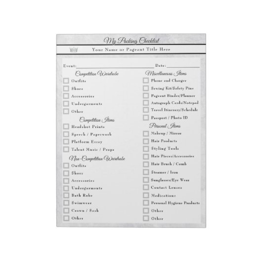 Marble Ice Custom Pageant Packing Checklist Notitieblok (Gedraaid)