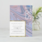 Marble Liquid Blush Blue Gold Typography Weddensch Kaart (Staand voorkant)
