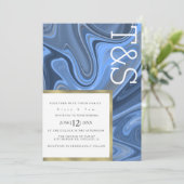 Marble Liquid Navy Blue Gold Typography Weddenscha Kaart (Staand voorkant)