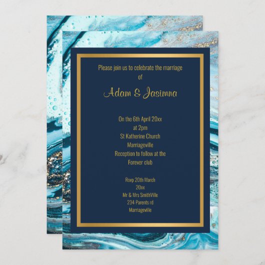 MARBLE NAVY GOLD LAYERED WEDDING INVITATION KAART (Voorkant / Achterkant)