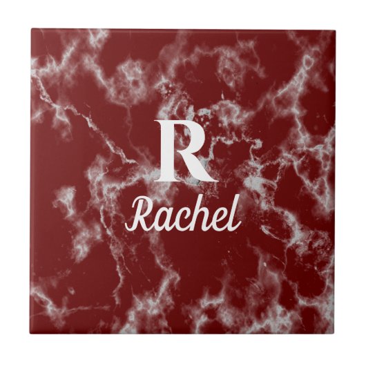 Marble Pattern Burgundy Red Monogram Initiaal Name Tegeltje (Voorkant)