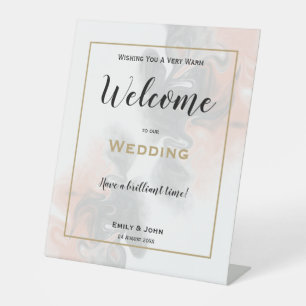 Marble Peach Grey Waterverf Welkom op de bruiloft Reclamebord Met Voetstuk