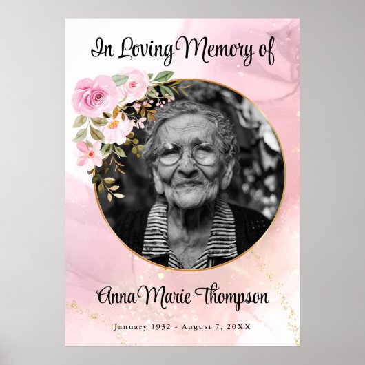 Marble Pink en Gold Floral Funeral Poster (Voorkant)