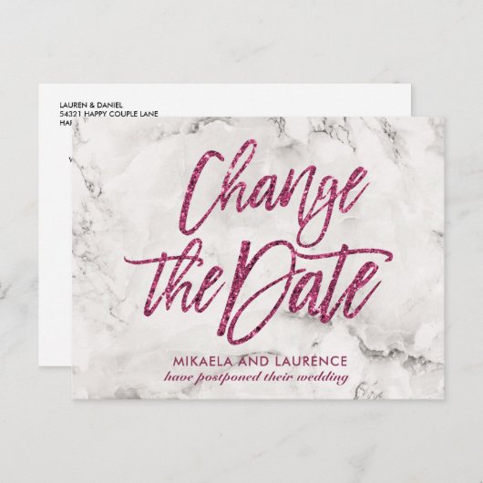 Marble Pink glitter script de datum wijzigen Aankondigingskaart (Voorkant / Achterkant)