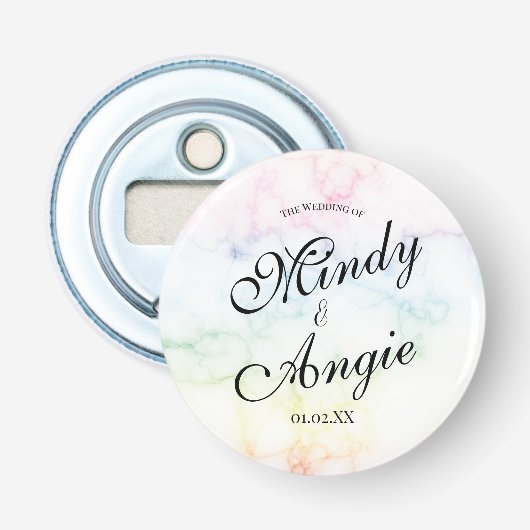 Marble Rainbow Gay Script Wedding Button Flesopener (Voorkant)