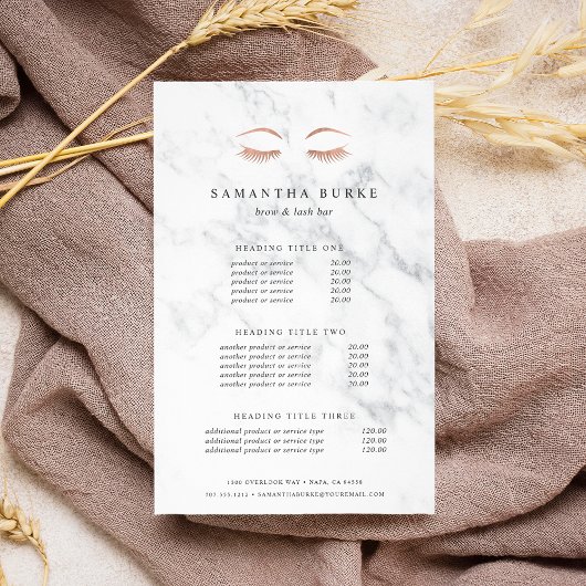 Marble Roos Gold Lashes & Brows Pricing & Services Flyer