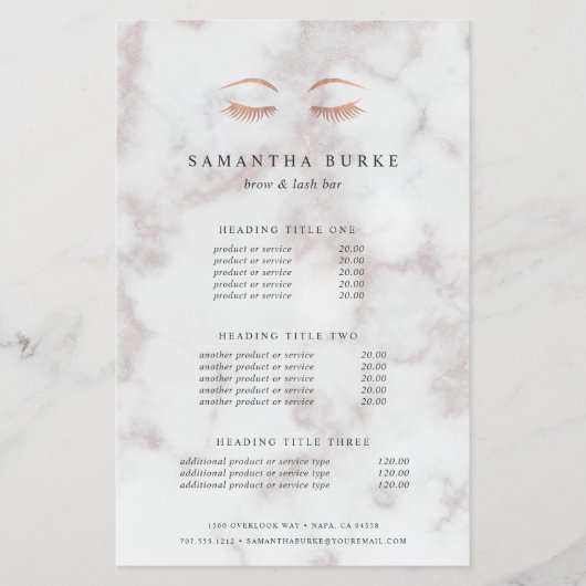 Marble Roos Gold Lashes & Brows Pricing & Services Flyer (Voorkant)