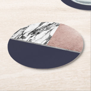 Marble Roos Gold Navy Blue driehoek Geometric Ronde Kartonnen Onderzetter