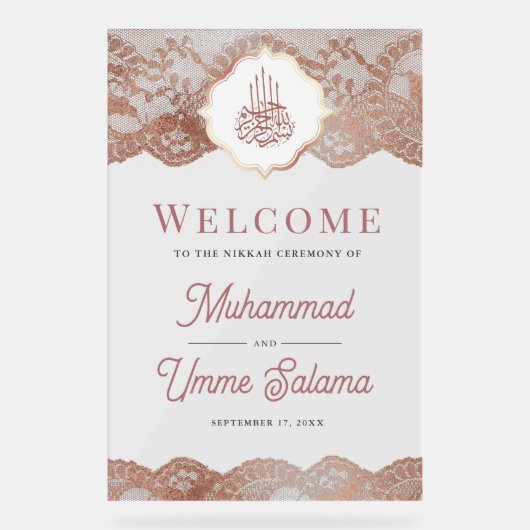 Marble Rose Gold Lace Muslim Wedding Welcome Acryl Bord (Voorkant)