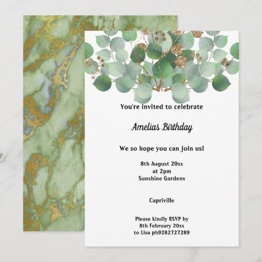 MARBLE SAGE EUCALYPTUS 2 BIRTHDAY ARTIJ INVITATIE KAART (Voorkant / Achterkant)