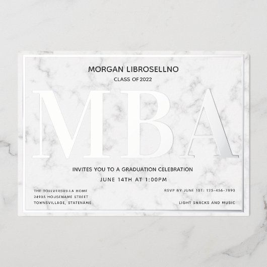 Marble Silver MBA Afstuderen Folie Uitnodiging (Voorkant)