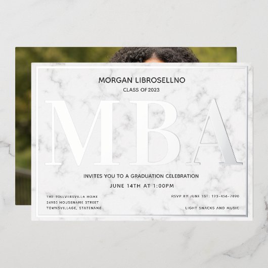 Marble Silver Photo MBA Afstuderen Folie Uitnodiging (Voorkant / Achterkant)