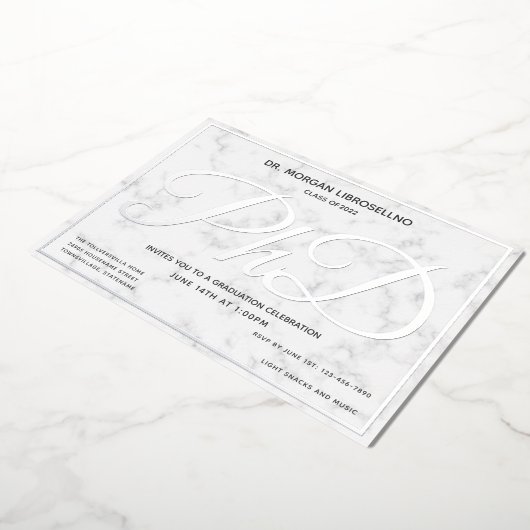 Marble Silver White PhD Afstuderen Folie Uitnodiging (Gedraaid)