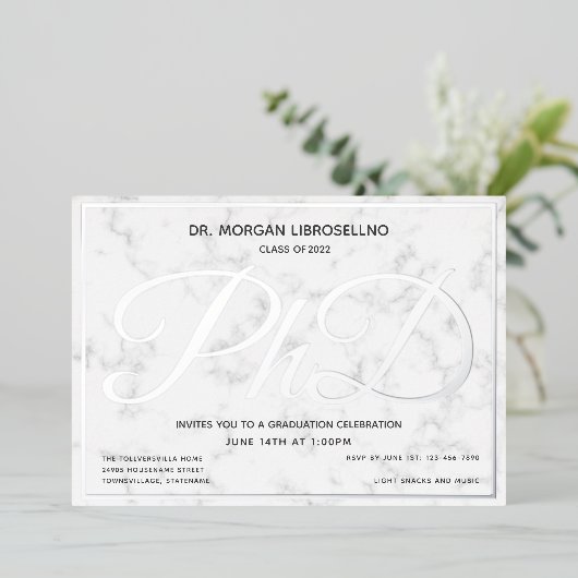 Marble Silver White PhD Afstuderen Folie Uitnodiging (Staand Voorkant)