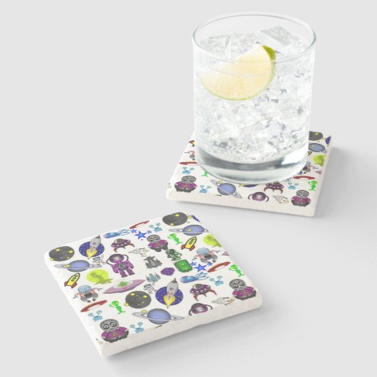 Marble Stone Onderzetter Astronaut Aliens Spaceshi (Zijkant)