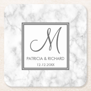 Marble Wedding Monogram Vierkante Kartonnen Onderzetter