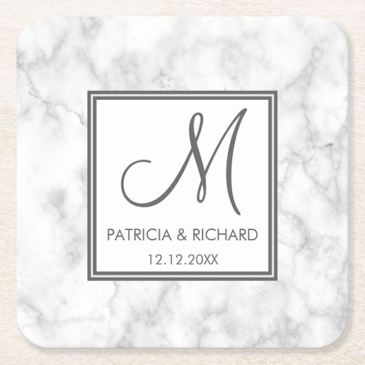Marble Wedding Monogram Vierkante Kartonnen Onderzetter (Voorkant)