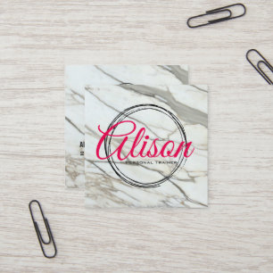 Marble white roze kalligraphy letters square card. vierkante visitekaartje