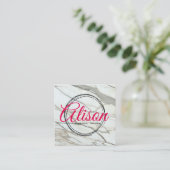 Marble white roze kalligraphy letters square card. vierkante visitekaartje (Staand voorkant)