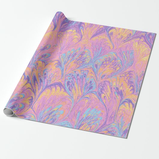 MARBLED PAPER,ABSTRACT PINK BLUE PEACOCK PATTERN CADEAUPAPIER (Uitgerold)