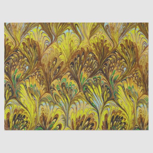 MARBLED PAPER,ABSTRACT YELLOW PEACOCK PATTERN TISSUEPAPIER (Voorkant)