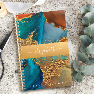 Marbre aquarelle or turquoise orange script