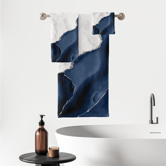 Marbre Blanc Agate Bleu Marine Paillettes Argentée