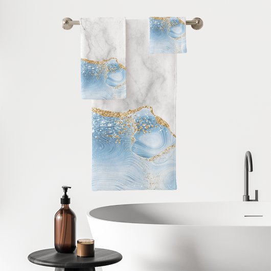Marbre Blanc Agate Bleu Pastel Paillettes Dorées