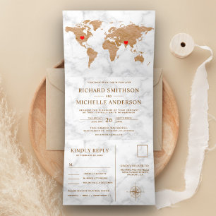 Marbre blanc Bronze Monde carte tout en un Mariage