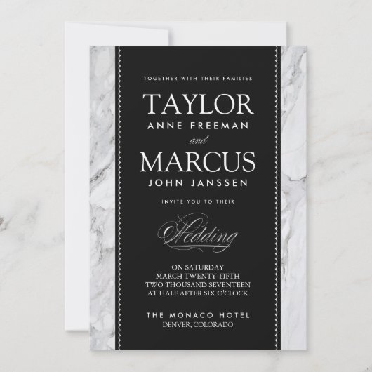 Marbre blanc Cravate noire Faire-part de mariage o (Devant)