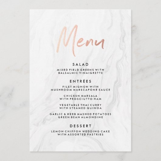 Marbre blanc moderne Rose Gold Script Mariage Menu (Devant)