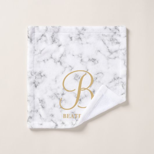 Marbre blanc moderne typographie or nom monogramme (Gant de toilette)
