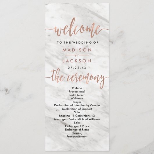 Marbre blanc & Rose Gold Elegant Wedding Programme (Devant)