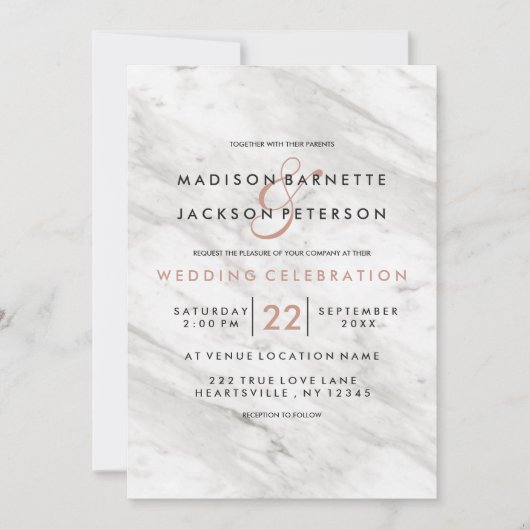 Marbre blanc Rose Gold Modern Wedding Invitations (Devant)